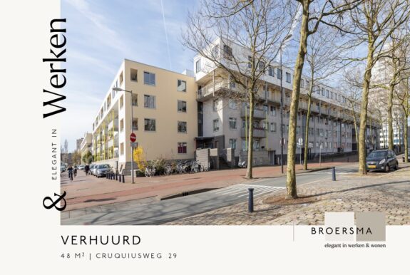 Broersma Werken verhuurt namens Woonstichting Lieven de Key een kantoorruimte aan de Cruquiusweg.